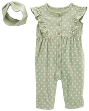 Afbeelding in Gallery-weergave laden, Carter&#39;s 2pc Baby Girl Sage Jumpsuit and Head Wrap Set
