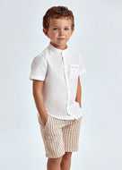 Mayoral 2pc Toddler Boy White Front Button Linen Shirt and Almond Brown Striped Linen Short Set