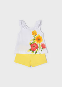 Mayoral 2 peças conjunto de shorts para meninas com flor branca esvoaçante e amarelo limão