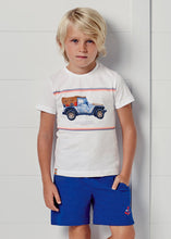 Afbeelding in Gallery-weergave laden, Mayoral 3pc Toddler Boy White Blue Jeep Tee, Multi Colored Striped Tank and Blue Short Set
