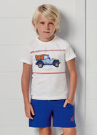 Camiseta jipe ​​infantil Mayoral 3 peças branco azul para meninos, tanque listrado multicolorido e conjunto curto azul