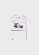 Cargar imagen en el visor de la galería, Mayoral 3pc Toddler Boy White Blue Jeep Tee, Multi Colored Striped Tank and Blue Short Set
