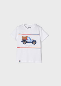 Mayoral 3pc Toddler Boy White Blue Jeep Tee, Multi Colored Striped Tank and Blue Short Set
