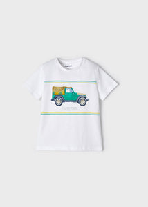 Mayoral 3pc Toddler Boy White Green Jeep Tee, Green Multi Colored Striped Tank and Navy Short Set