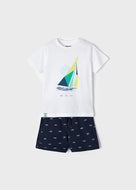 Mayoral 2pc Toddler Boy White Sailboat Tee and Navy Bermuda Short Set