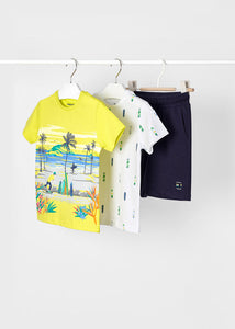 Mayoral 3pc Toddler Boy Yellow Beach Side Tee, White Skateboard Tee and Navy Bermuda Short Set