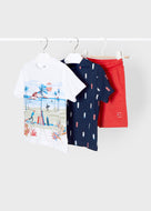 Conjunto de shorts Mayoral 3 peças para meninos infantis branco lado da praia, camiseta azul marinho e bermuda vermelha