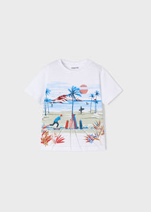 Conjunto de shorts Mayoral 3 peças para meninos infantis branco lado da praia, camiseta azul marinho e bermuda vermelha