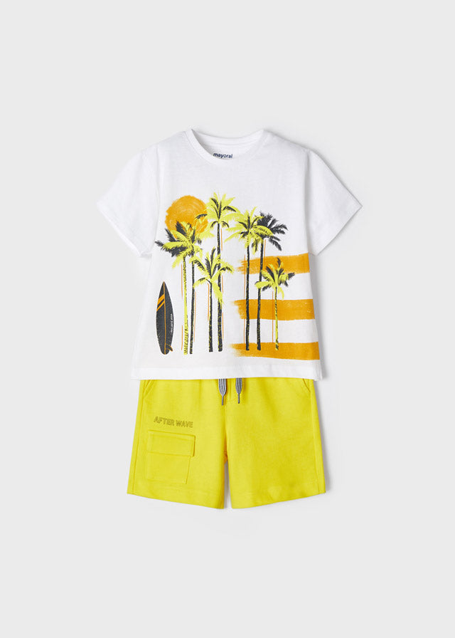 Conjunto shorts bermudas Mayoral 2 peças infantil branco para meninos Palm Garden e bermuda amarela citronela