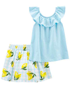 Carter's 2pc Toddler Girl Light Blue Blouse and Light Blue Lemon Skort Set