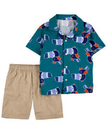 Carter's 2pc Toddler Boy Green Toucan Front Button Shirt and Khaki Chino Short Set
