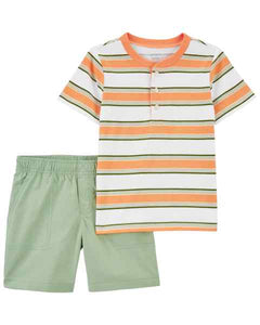 Carter's 2pc Toddler Boy Orange Striped Henley and Olive Short Set