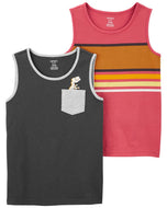 Carter's 2pc Kid Boy Charcoal Dino and Striped Tank Top Set