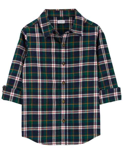 Carter's Kid Boy Green Plaid Casual Front Button Shirt